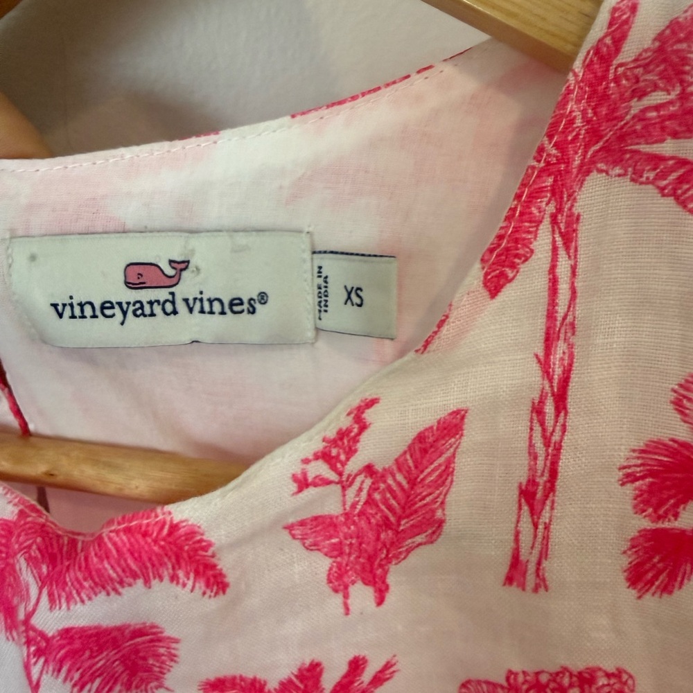 Vineyard Vines Linen Pink Palm Tree Ruffle Mini Dress XS vacation resort wear - Picture 3 of 15